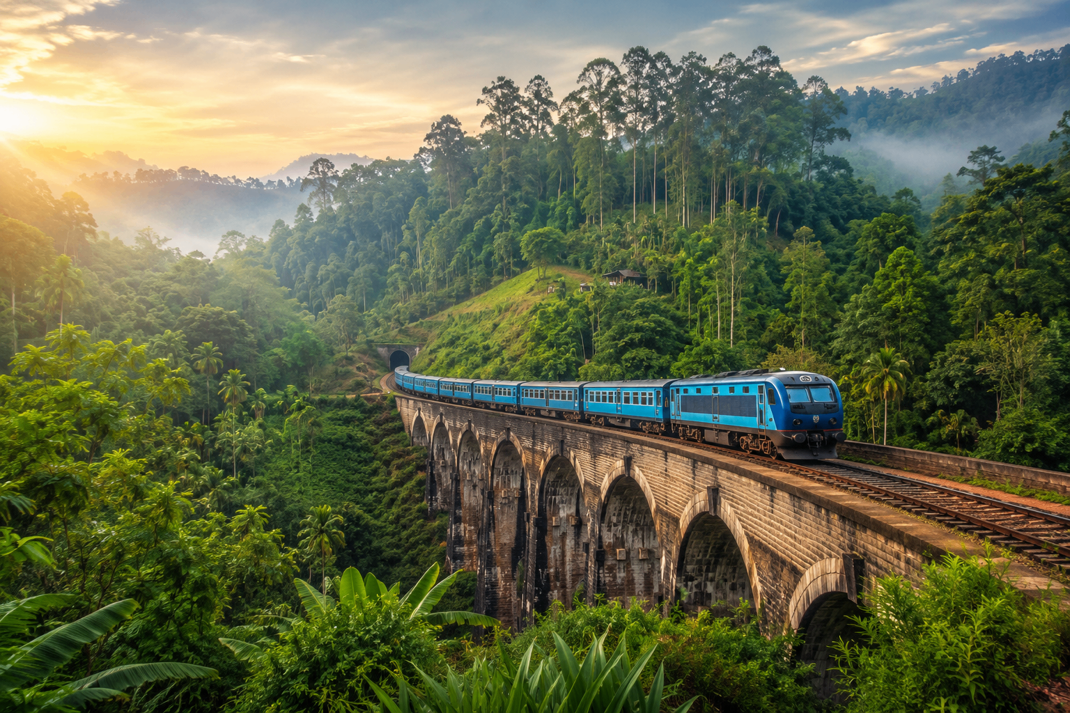 Blue train crossing the Nine Arches Bridge in Ella, Sri Lanka at sunrise